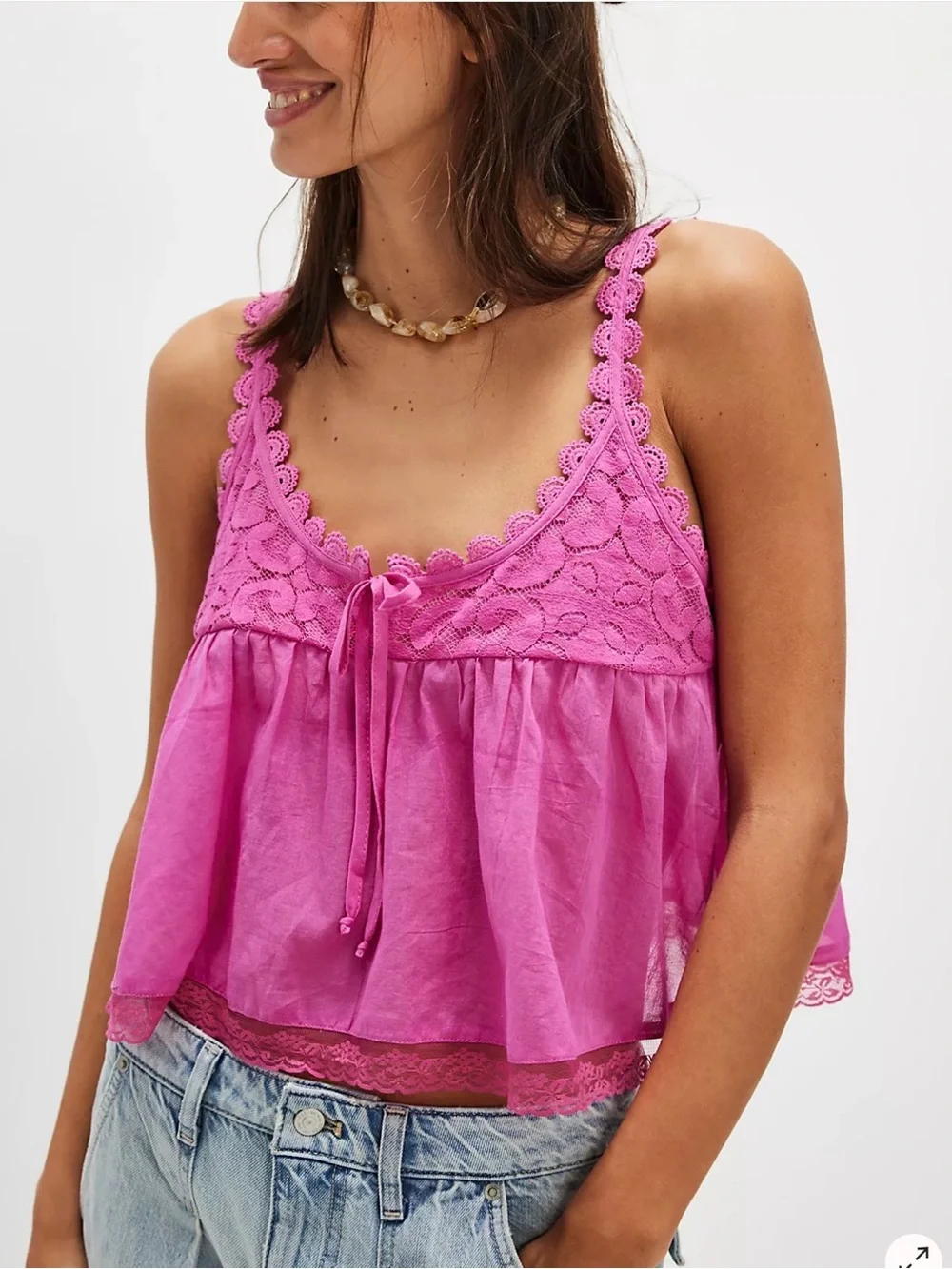 Free People Bright Pink Lace-Trim Camisole